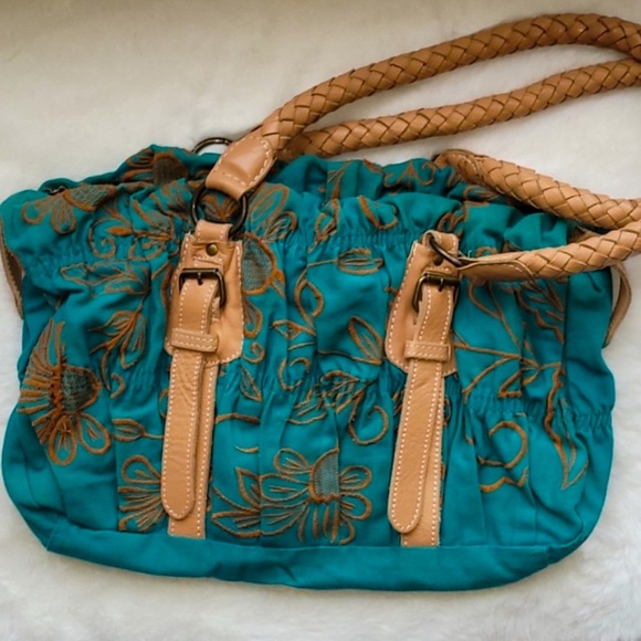 NEST Fragrances Handbags - Nest Boho Embroidered Teal Floral Bag Purse with Tan Leather Woven Strap
